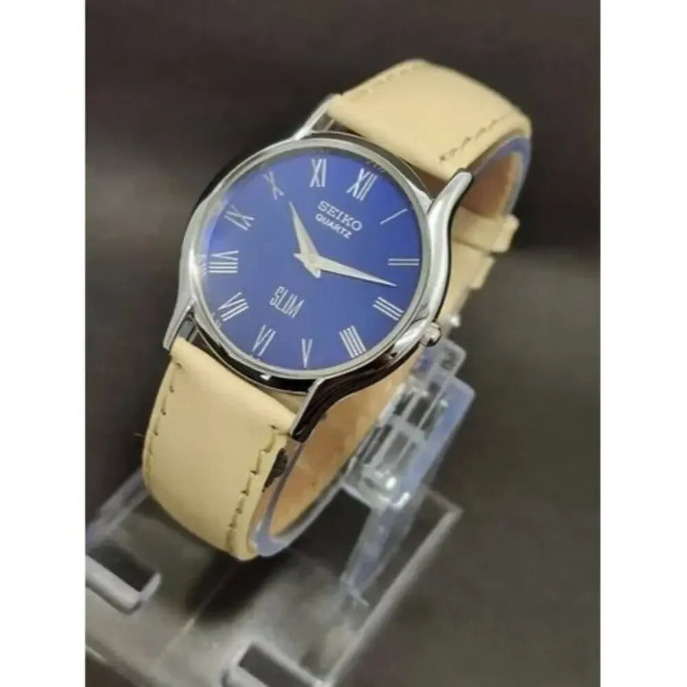 Vintage Style Seiko Quartz Mens Silver Watch & Blue accents W/ Leather Strap